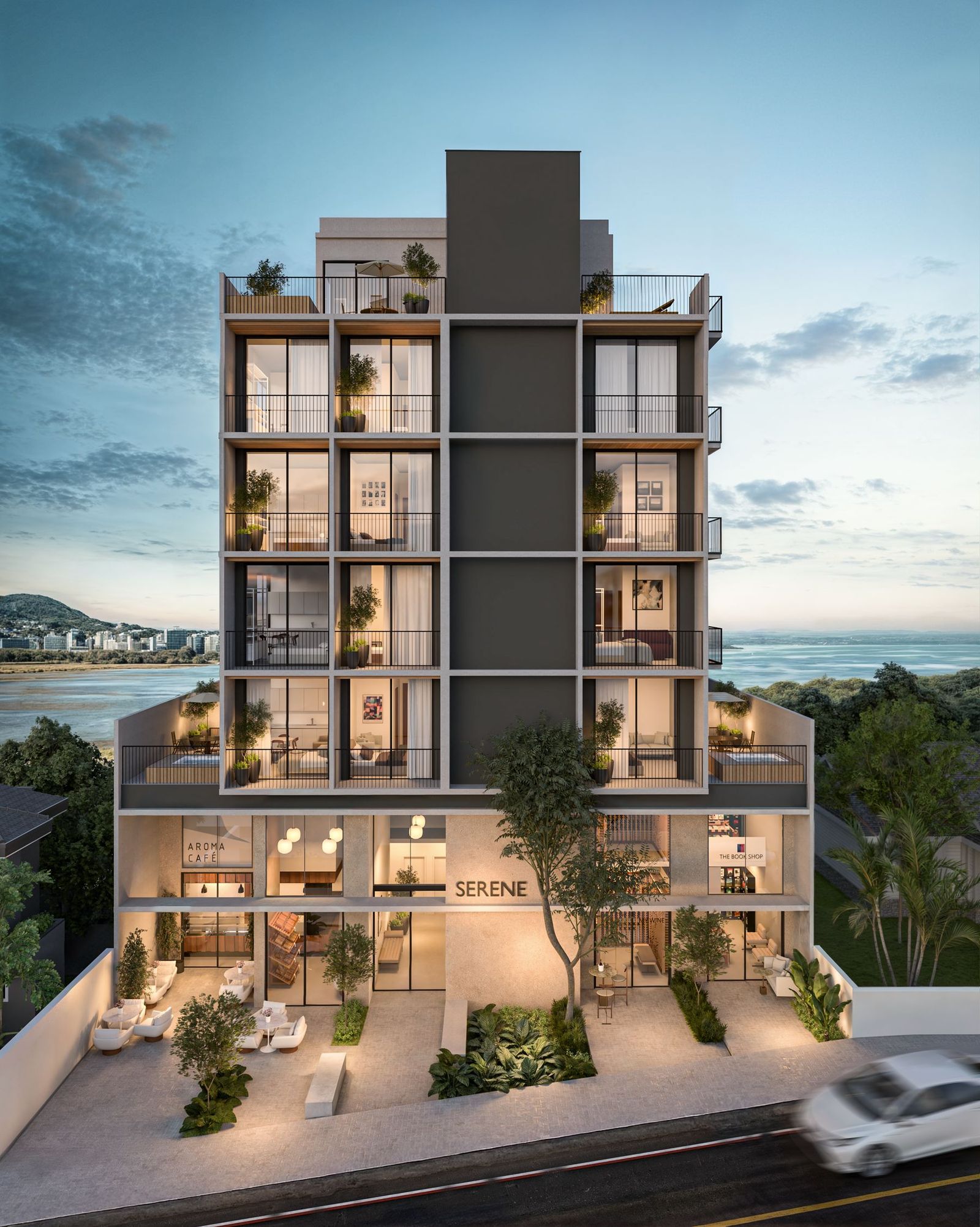 Fachada frontal do Serene Blue View ao entardecer