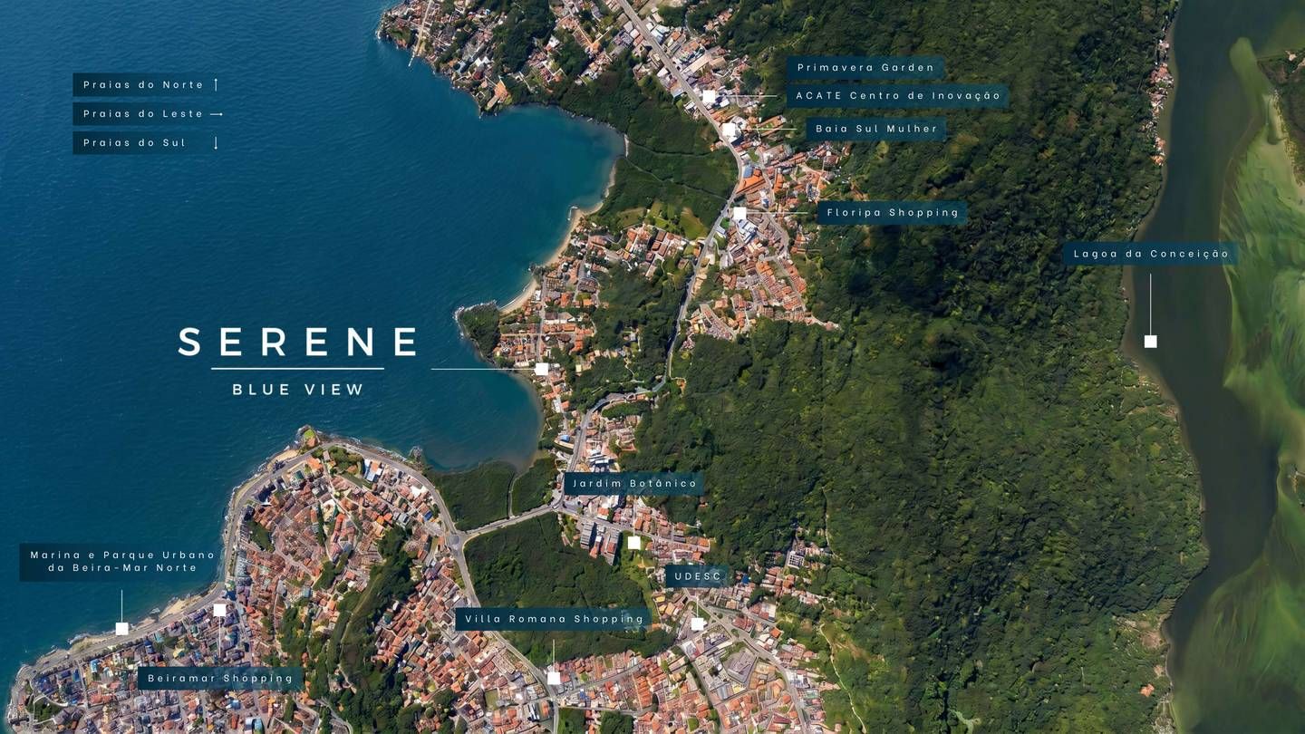Mapa de localização do Serene em relação a shoppings, praias e polos tecnológicos
